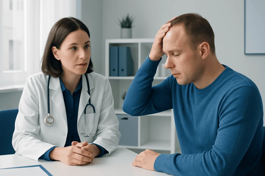 Doctor consulting with a patient about a head injury or concern.