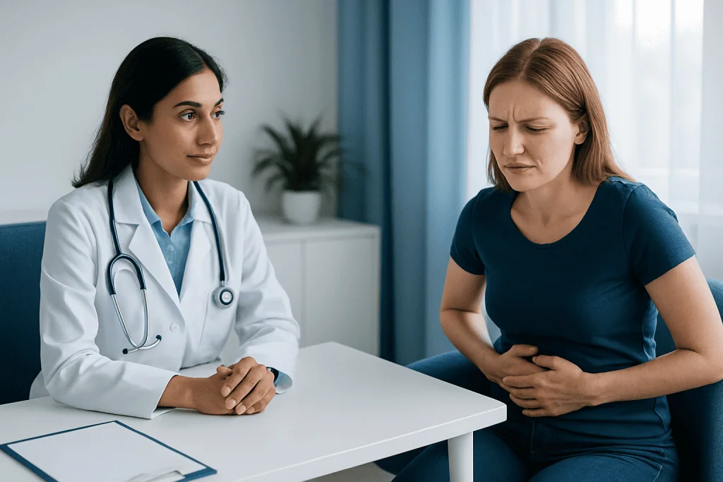 Doctor consulting a patient with stomach pain in a clinic setting.