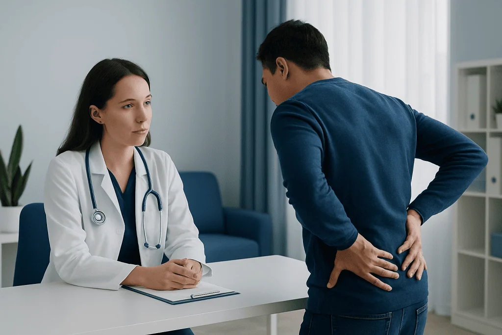 Patient experiencing lower back pain during a medical consultation at Acibadem Hospital.