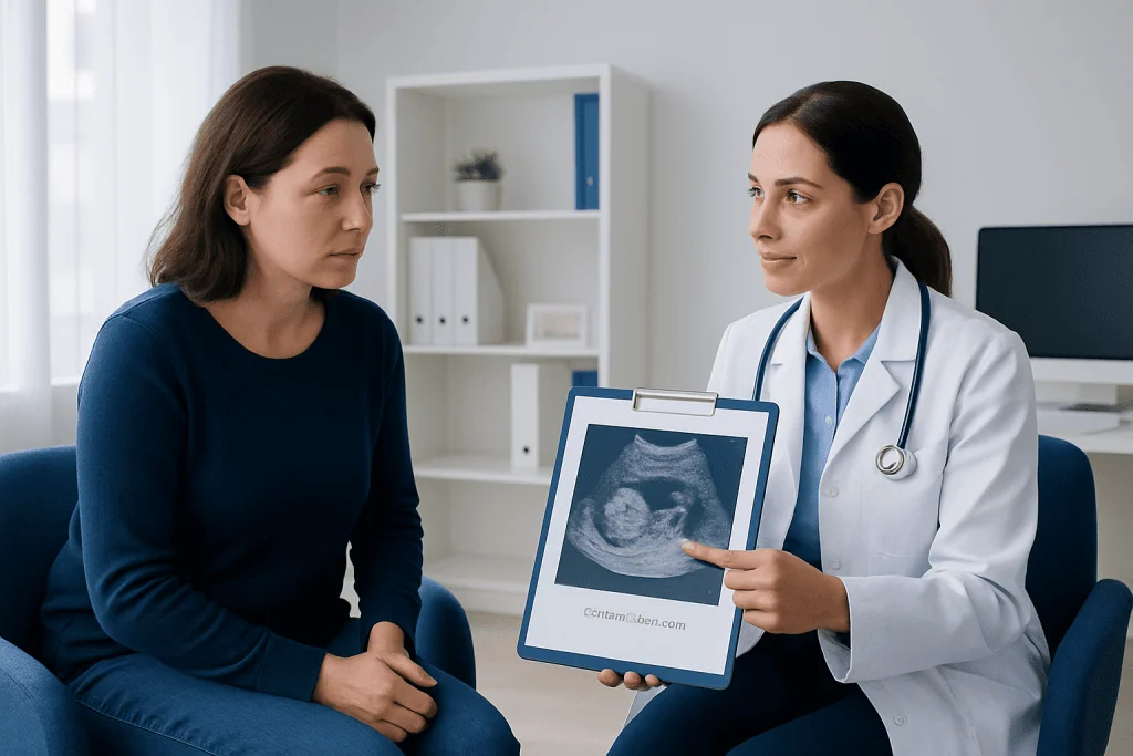 Doctor explaining ovarian ultrasound to patient in a medical consultation.