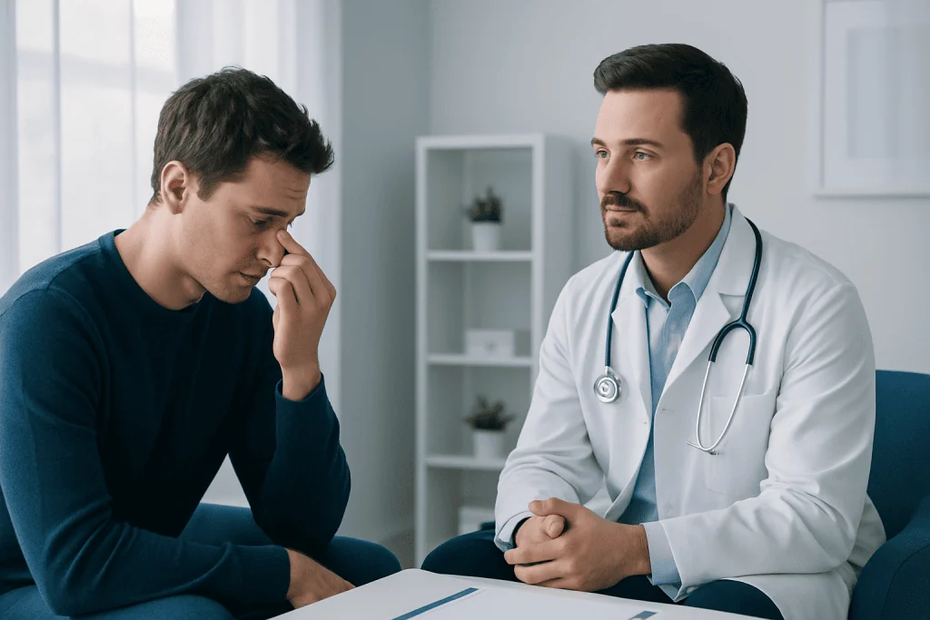 Doctor consulting with a young male patient in a medical office.