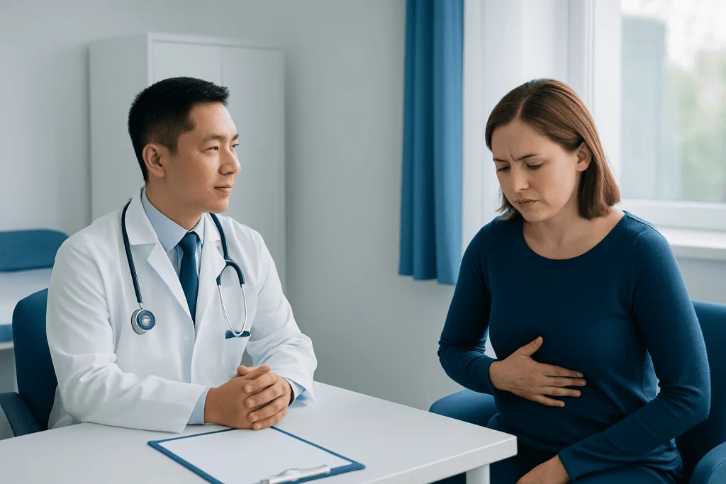 Doctor consulting with a woman experiencing nausea in a medical office.