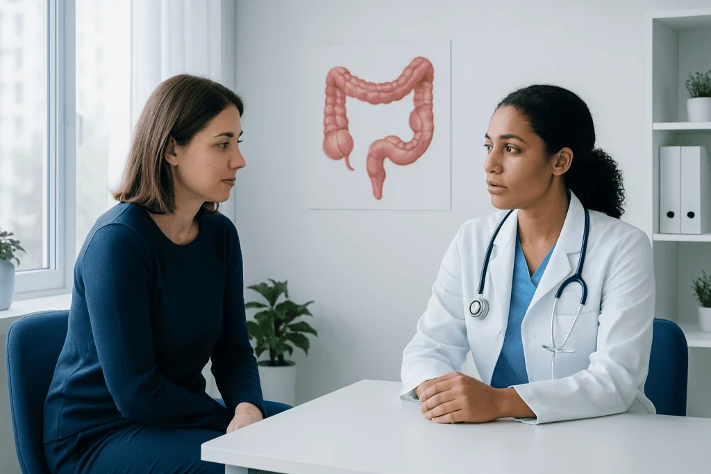 Doctor consulting with patient about colon health and anatomy.