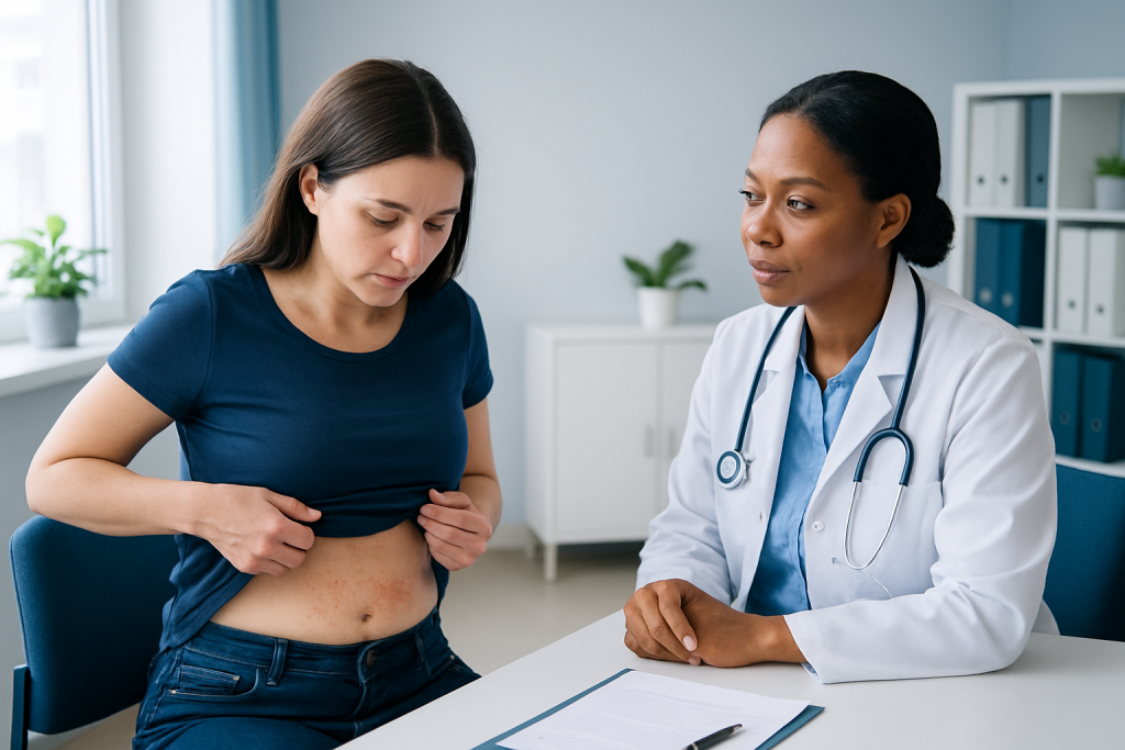 Doctor examining a woman's stomach for rash or skin issues.