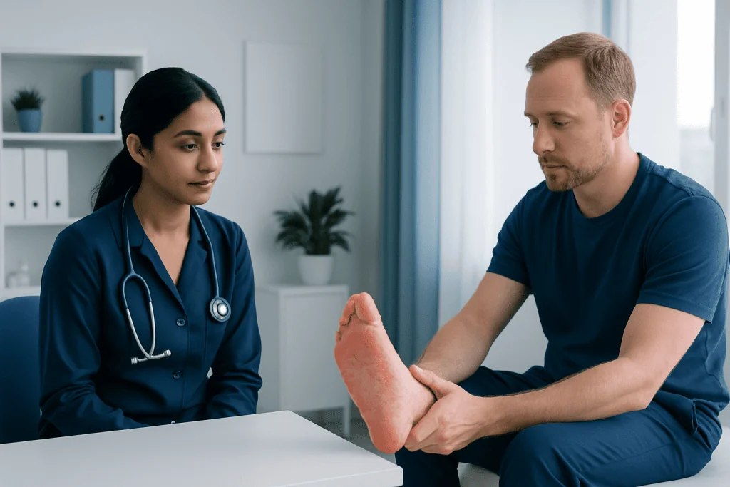 Doctor examining patient's foot in a clinical setting.