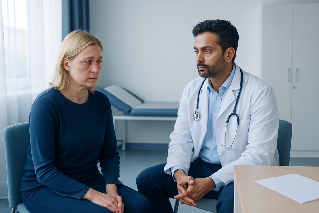 Doctor consulting with a female patient in a medical office.
