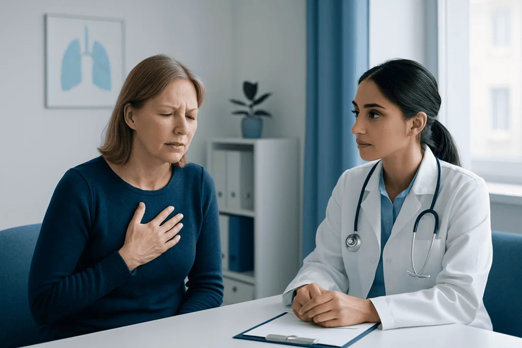 Doctor examining a woman with chest discomfort in a medical office.