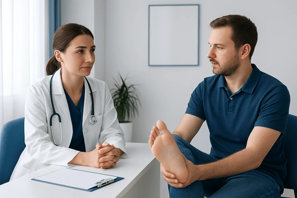 Doctor consulting with patient about foot sweating causes and treatments.