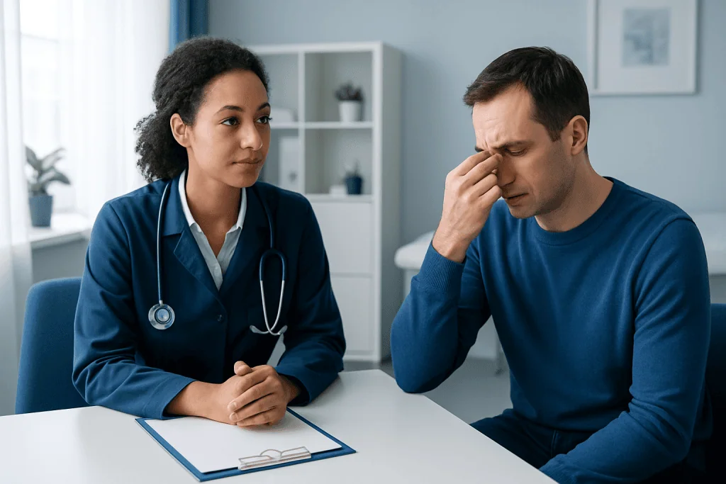 Doctor consulting with patient experiencing allergy symptoms in clinic.