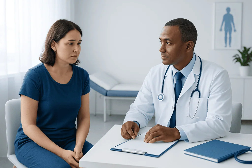 Doctor consulting with a patient in a medical office setting.