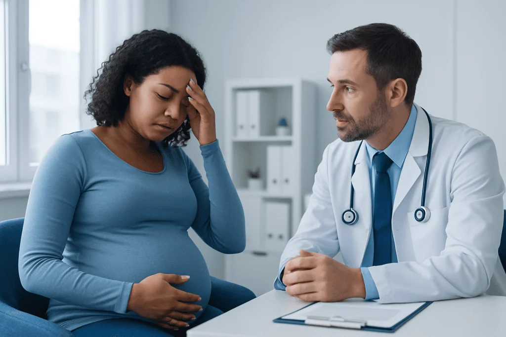 Pregnant woman consulting with doctor about vision issues during pregnancy.