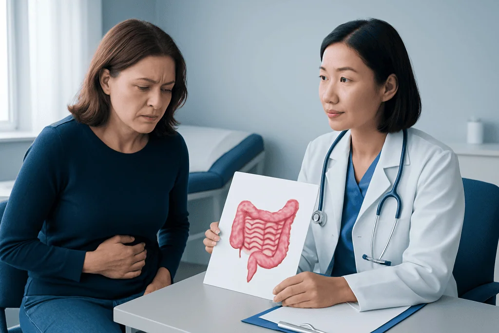 Doctor explaining small intestine to patient in consultation room.