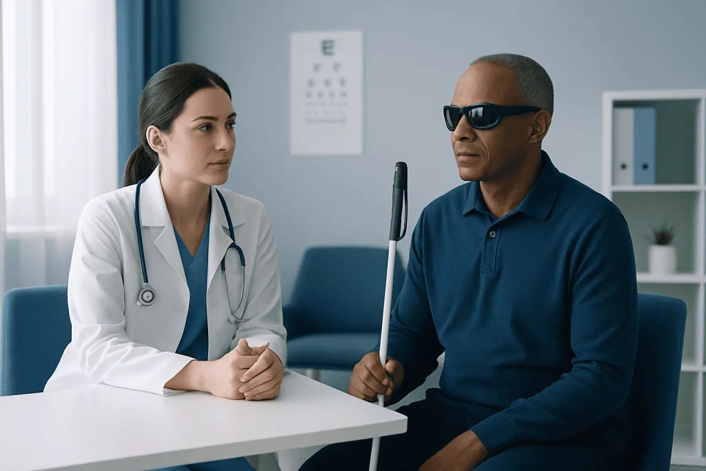 Patient undergoing eye examination with specialized glasses at Acibadem Hospital.