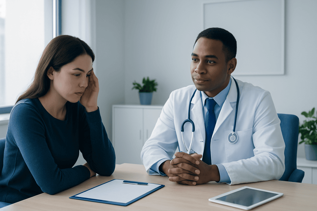 Doctor consulting with a patient about sleep issues in a modern clinic.