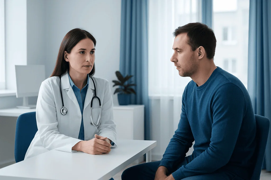 Doctor consulting with a male patient in a medical office setting.