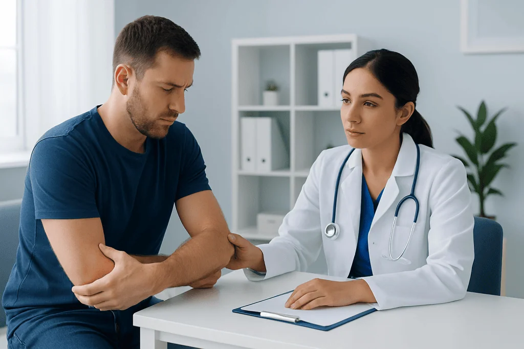 Doctor consulting with a patient about elbow injury in a medical office.