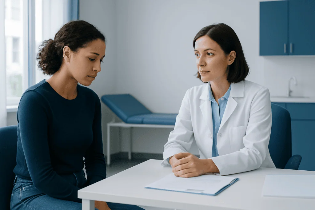 Doctor consulting a patient in a medical office setting.