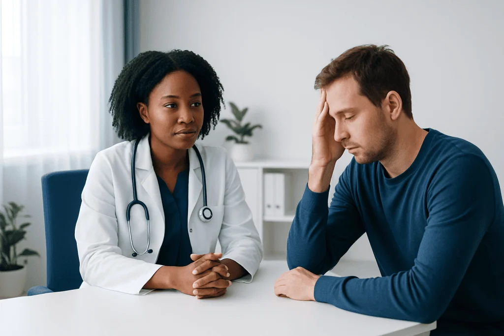 Doctor consulting with a patient about sleep issues in a clinic setting.