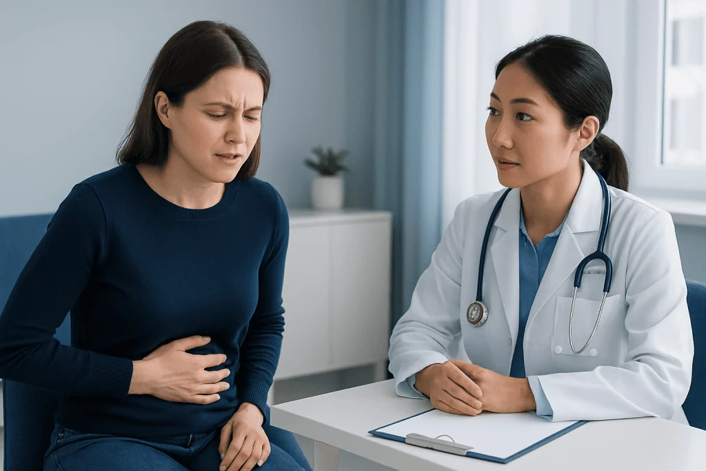 Woman experiencing stomach pain during medical consultation at Acibadem Hospital.