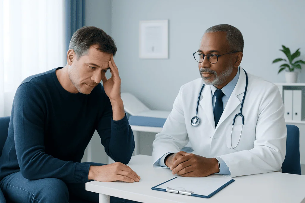 Patient consulting with a doctor in a medical office setting.