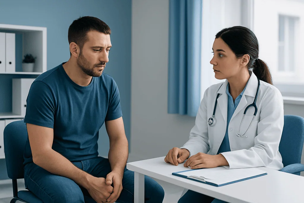 Doctor consulting male patient in a medical office setting.