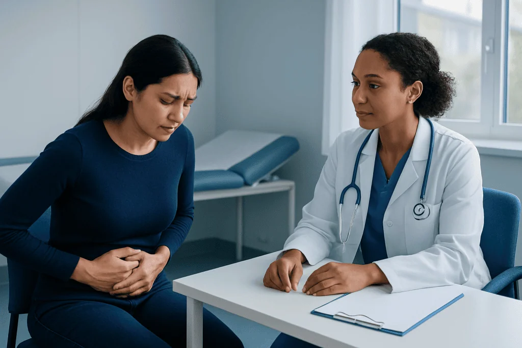 Woman experiencing menstrual pain consulting a doctor in a clinic.