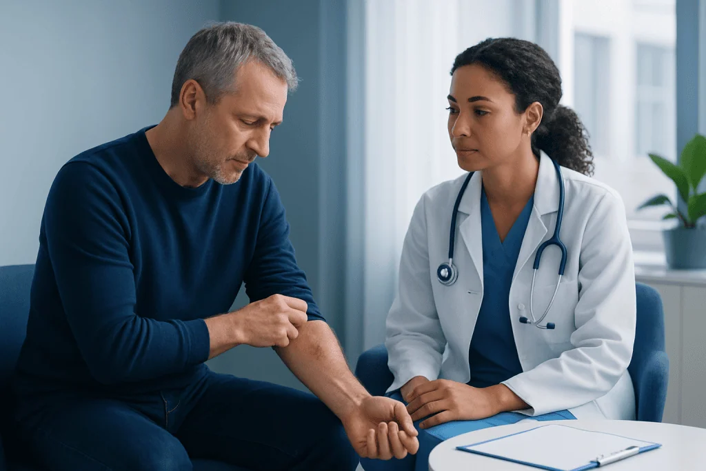 Doctor examining patient's skin for dermatosis signs in clinic.