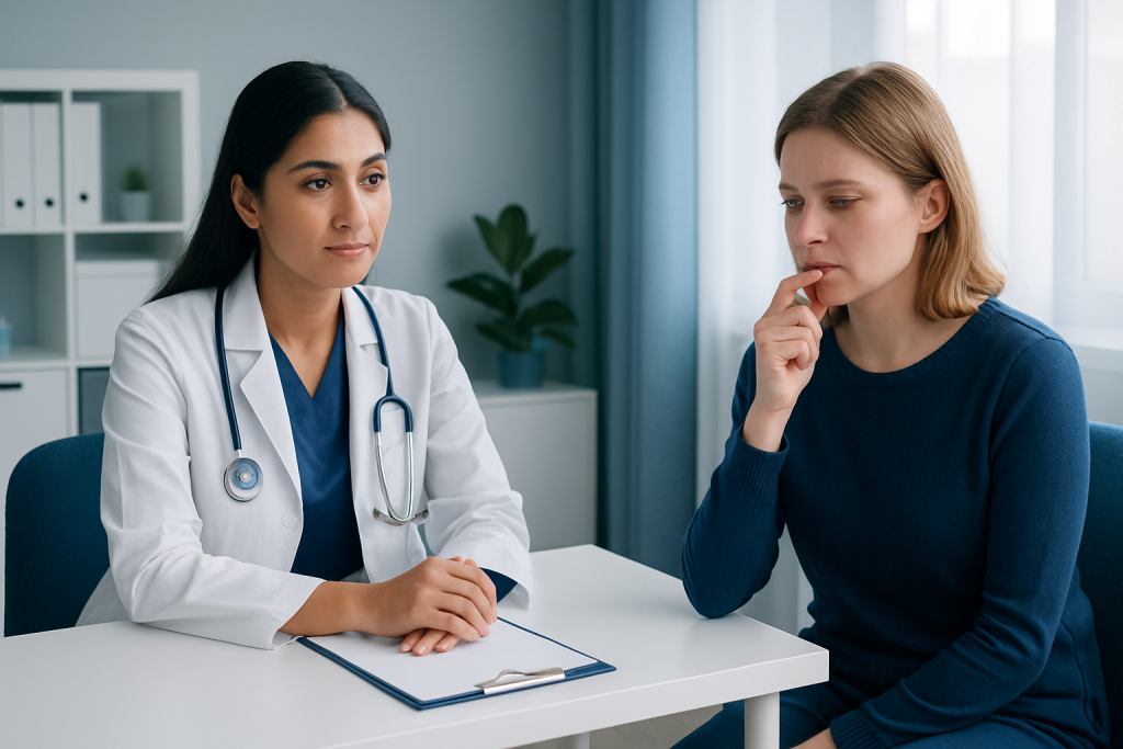 Doctor consulting with a patient about lip biting concerns in a medical office.