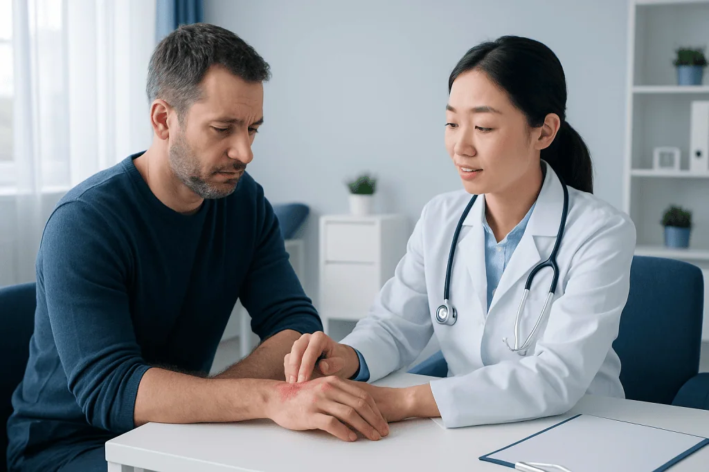 Doctor examining patient's skin inflammation in a clinical setting.