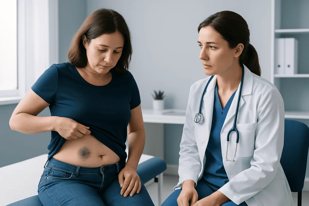 Doctor examining a woman's abdomen for bruising or injury.