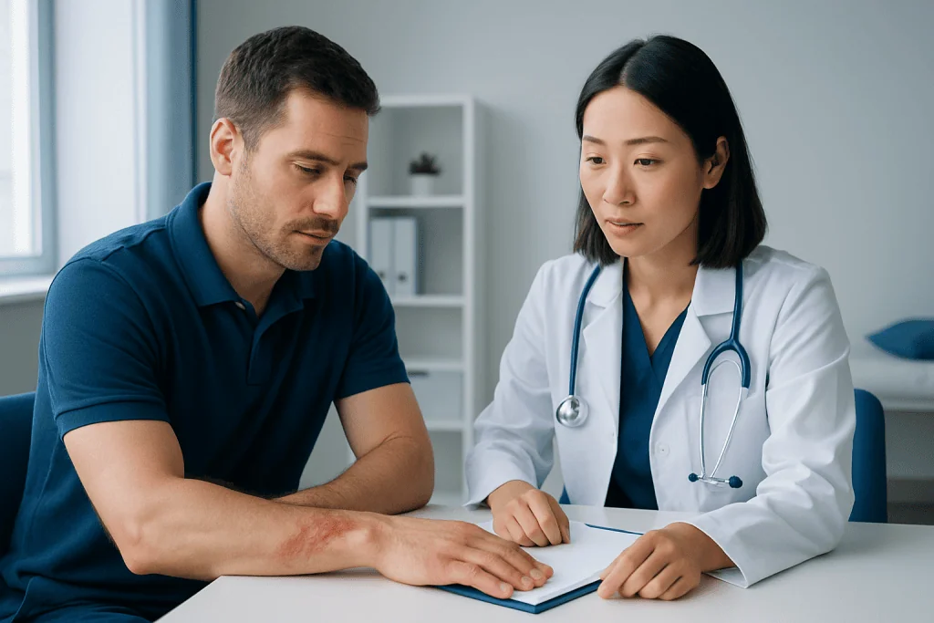 Doctor examining patient's arm for rope burn injury.