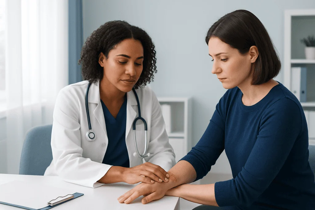 Doctor examining patient's arm in a medical consultation at Acibadem Hospital.