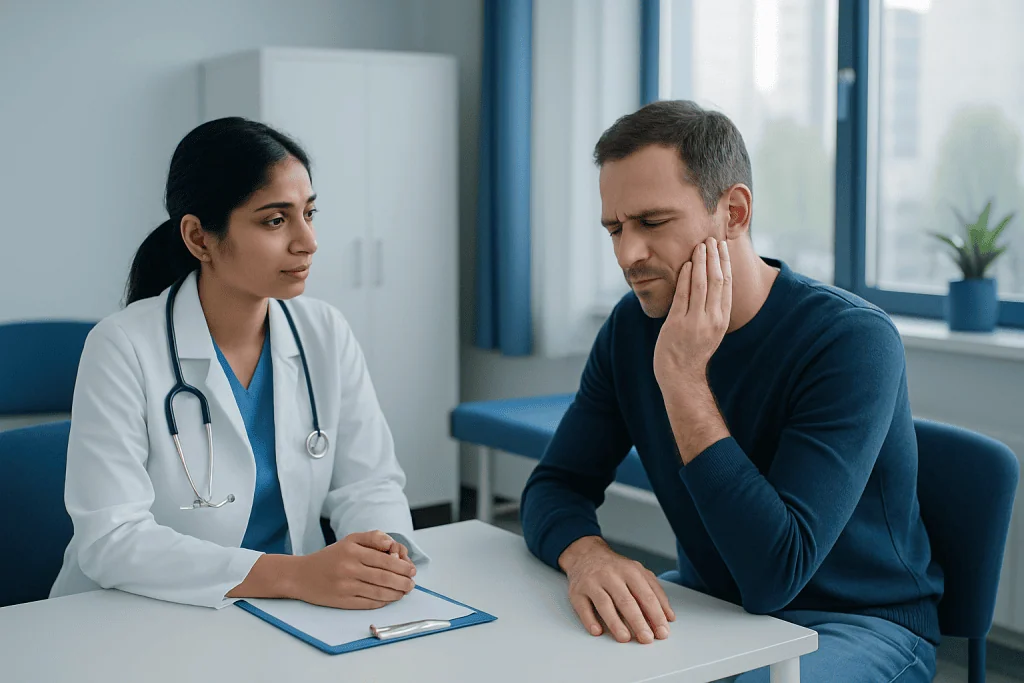 Doctor consulting with a patient about sudden tooth pain in a clinic setting.