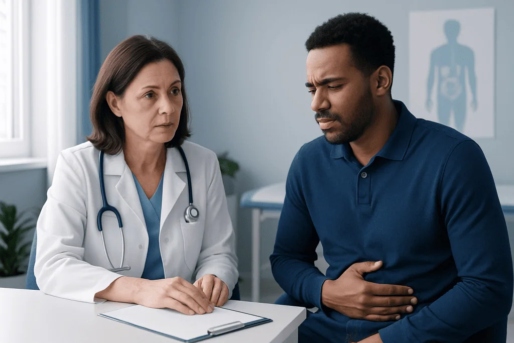 Doctor consulting a patient about health concerns in a medical office.