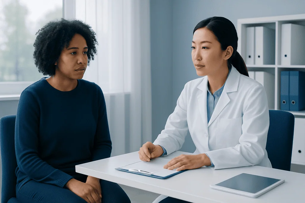 Doctor consulting with patient about lip discoloration treatment options.