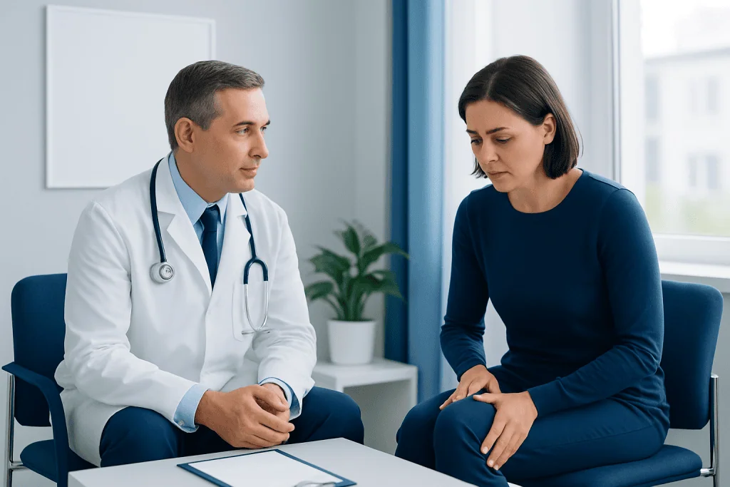 Doctor consulting with a woman patient about knee pain in a clinic.