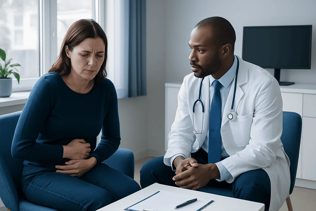 Doctor consulting with a woman patient about health concerns in a clinic.