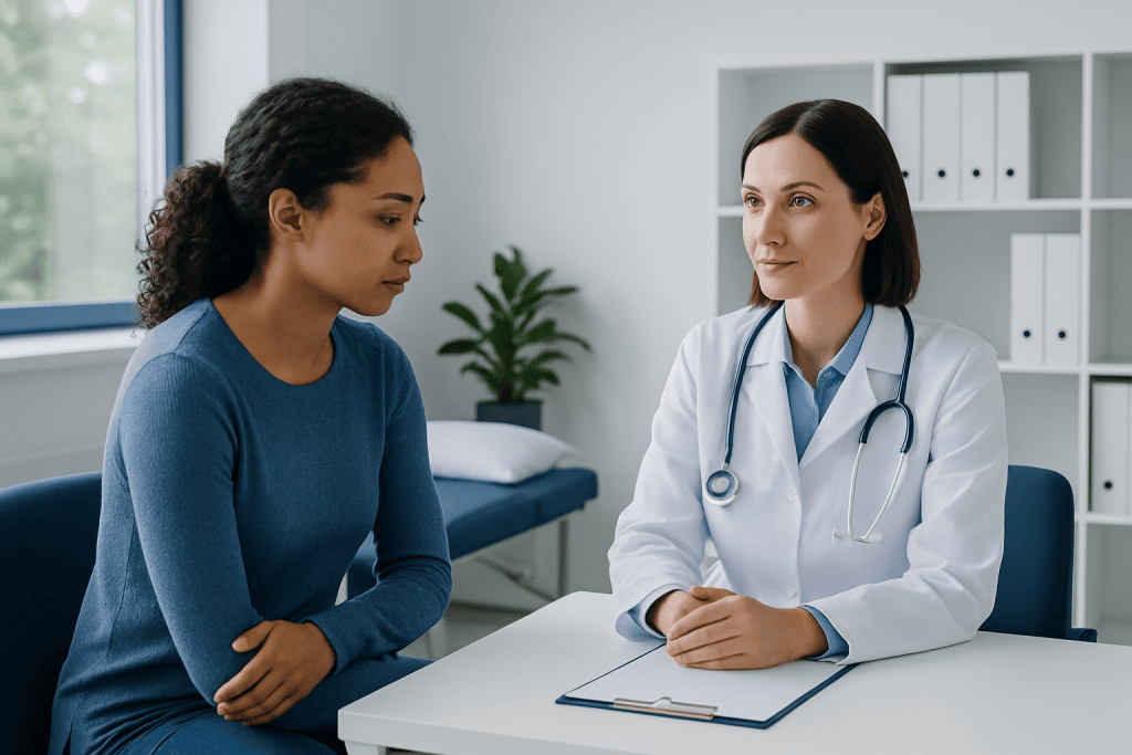 Doctor consulting with a young female patient in a medical office.