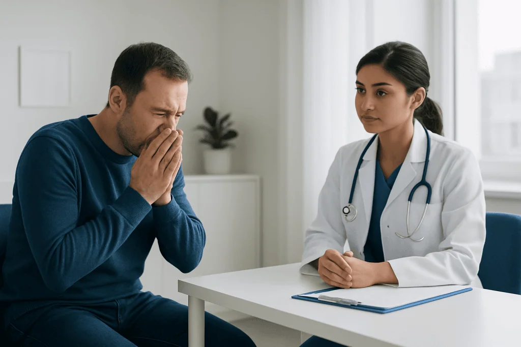 Patient experiencing sneezing during medical consultation at Acibadem Hospital.
