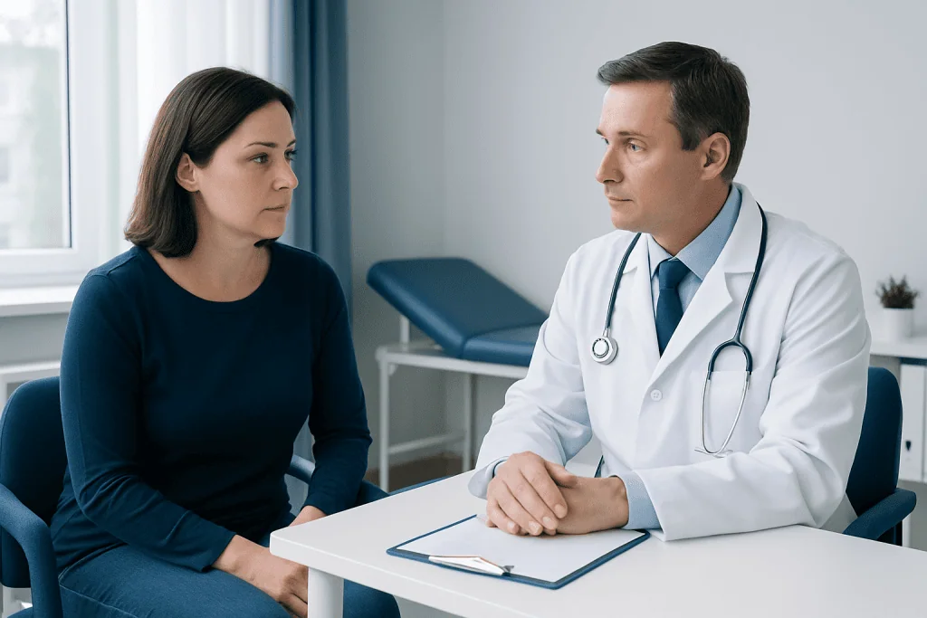 Doctor consulting with a patient about leg heaviness treatment options.
