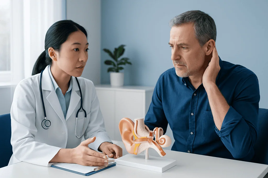 Doctor explaining ear anatomy to patient in a consultation room.