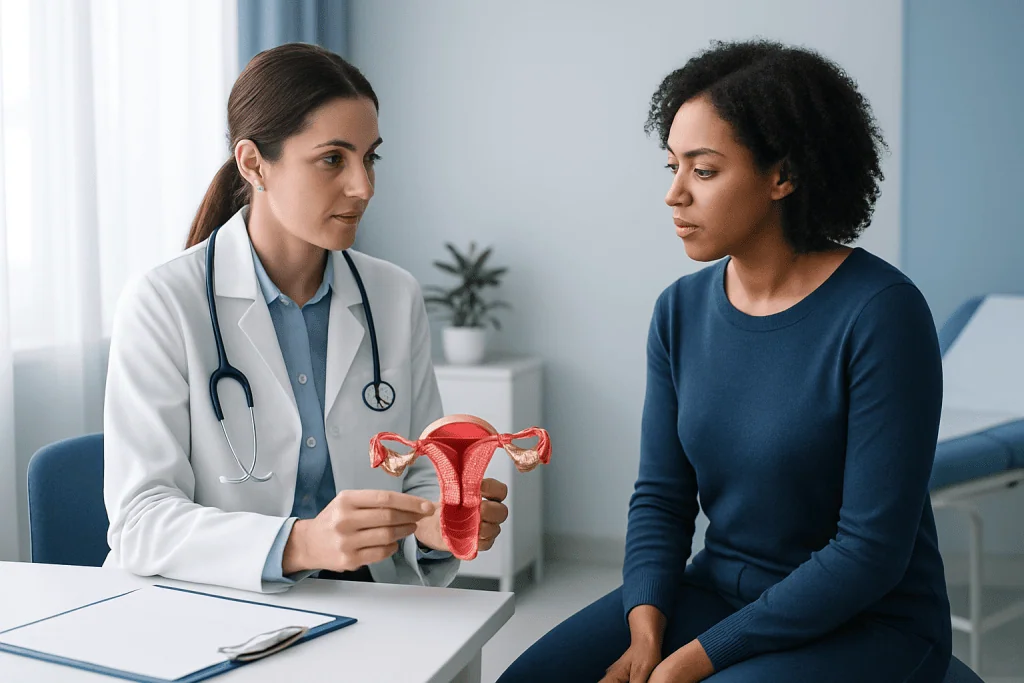 Gynecologist explaining cervix health to patient with anatomical model.
