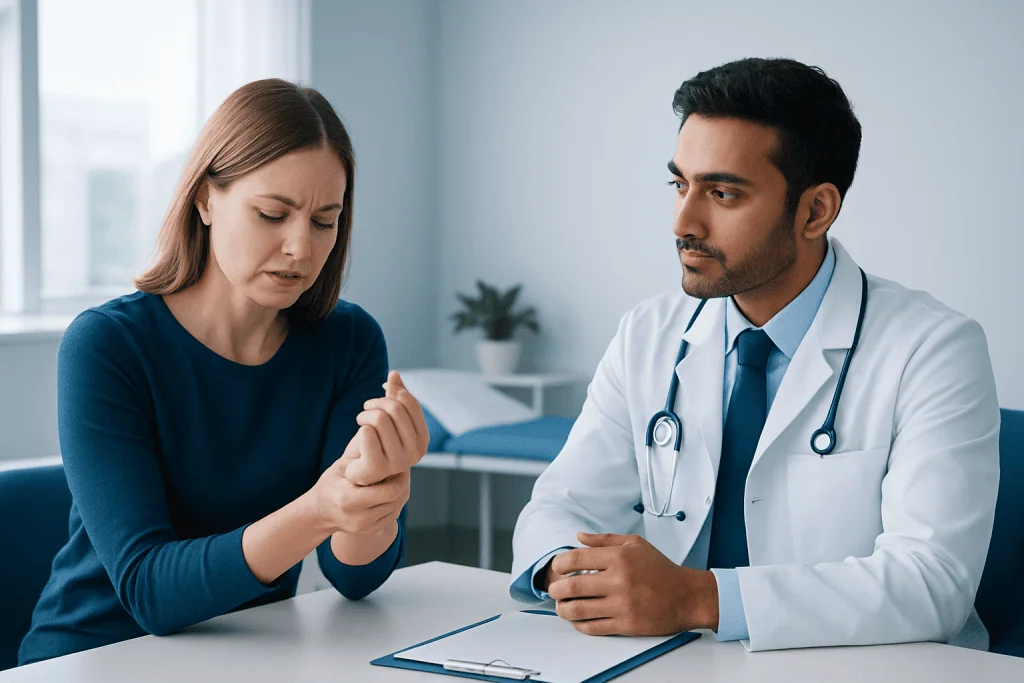 Doctor consulting with patient about wrist pain in a medical office.
