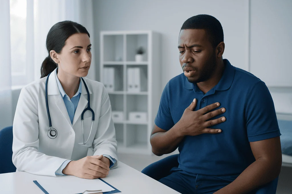 Doctor consulting a patient with chest discomfort in a medical office.