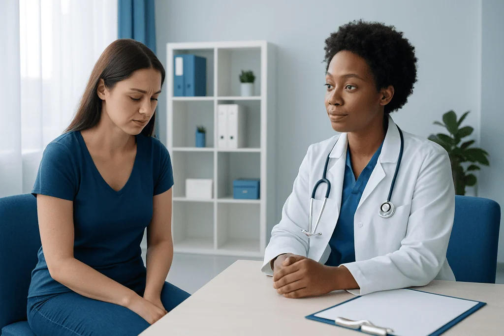 Doctor consulting with patient about vaginal itching symptoms in a clinical setting.