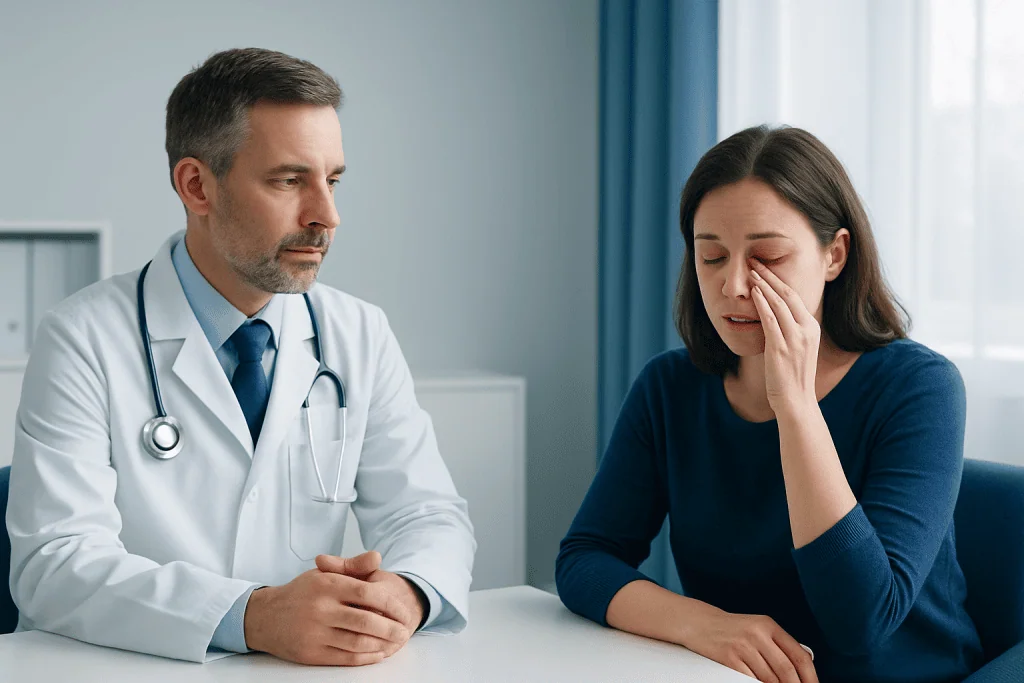 Doctor consulting with a woman patient about eye health issues.