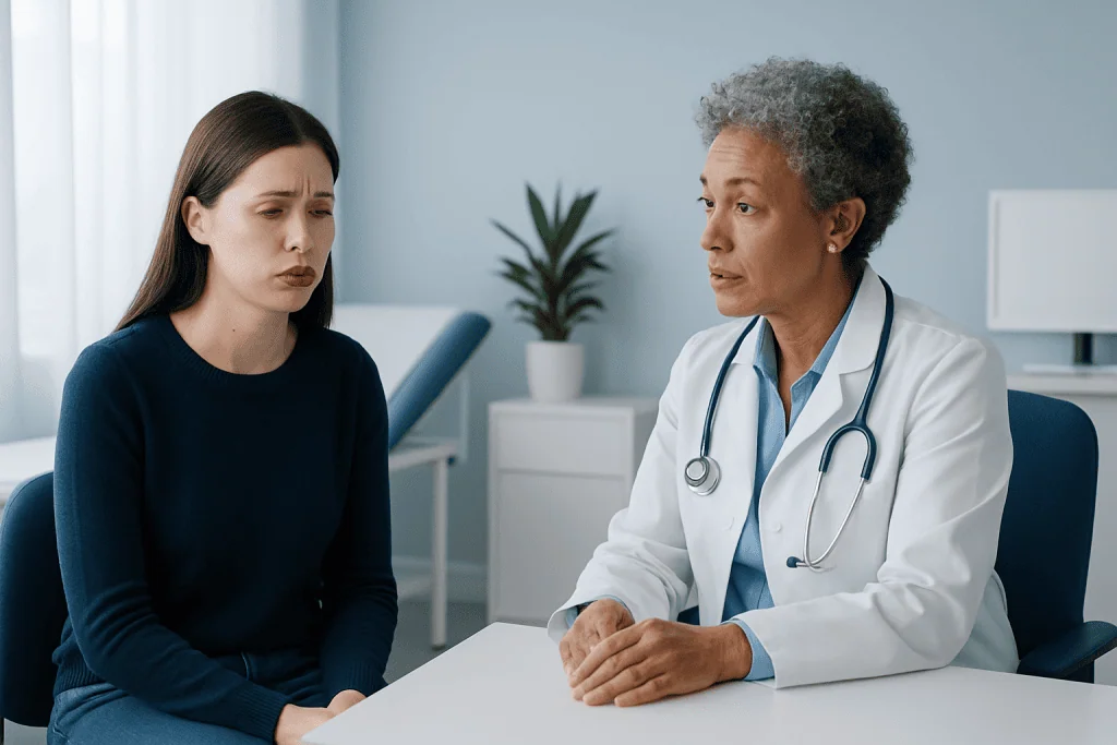 Doctor consulting with a young woman about hives on lips in a medical office.
