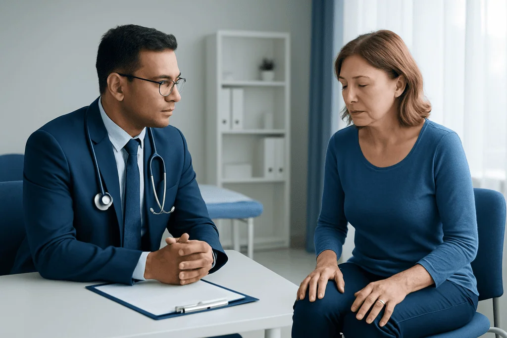 Doctor consulting with a woman patient about knee pain in a clinic setting.