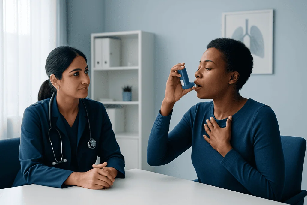 Patient using inhaler during medical consultation at Acibadem Hospital.