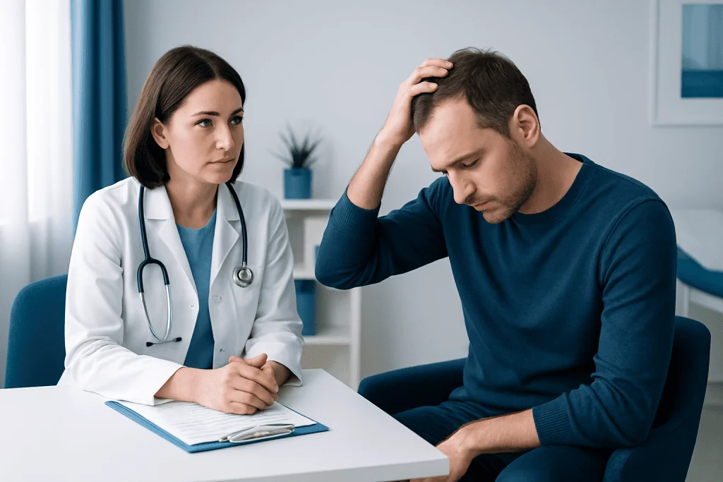 Doctor consulting with a male patient about scalp issues in a clinic setting.
